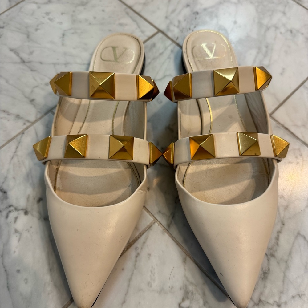 Valentino Cream Flats with Gold Studs